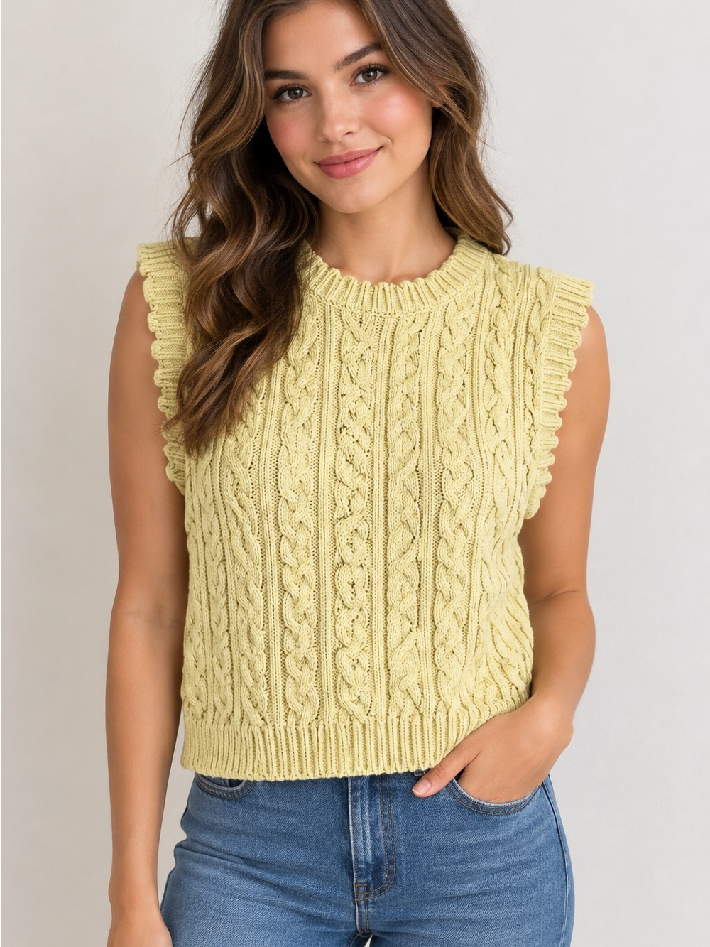 Sleeveless Cable Knit Top - Yellow
